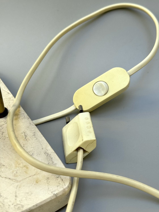 Image 1 of Lámpara de nenúfar de bronce de los años 70 sobre base de travertino - Inspirada en el Art Nouveau