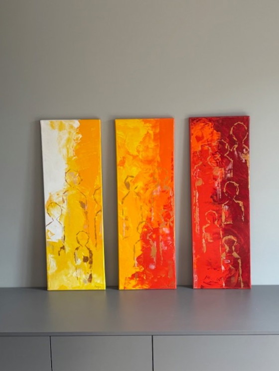 Image 1 of Triptyque – Art abstrait sur lin | Œuvre acrylique colorée