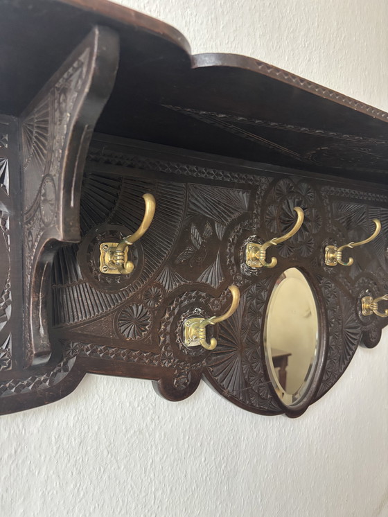 Image 1 of Unique antique wooden coat rack with mirror