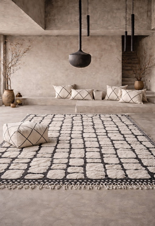 Alfombra Beni Mrirt 310×190 cm – negro y marfil | lana de lujo