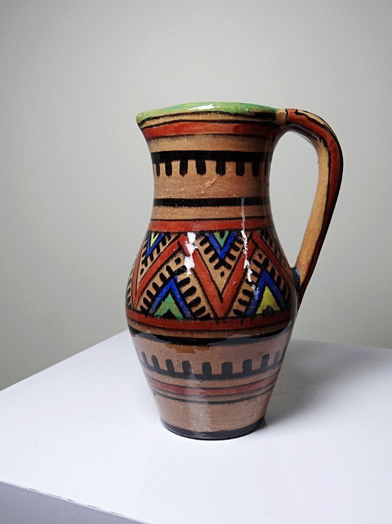 Image 1 of Small Moroccan glazed terracotta pitcher, signed, Berber decoration, 20th century