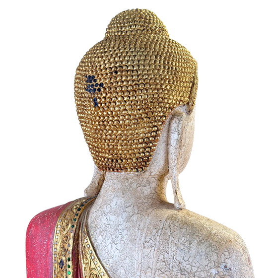 Grote Birmaanse Mandalay Boeddha met Gouden Decoratie – circa 1970 – 87 cm – Beeldhouwkunst, Glass (photo 11 of 11)