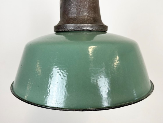 Image 1 of Industrial Green Enamel Factory Lamp with Cast Iron Top, 1960s