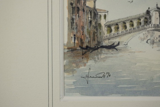 Image 1 of The Rialto Bridge, Venice - Signed and dated watercolor drawing, 1990, framed