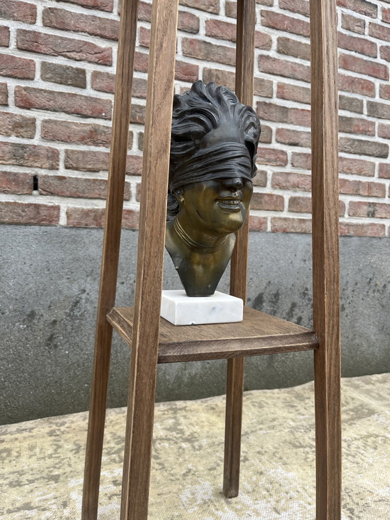 Image 1 of Vintage tall greyed oak plant column pedestal, base in sleek Amsterdam School style