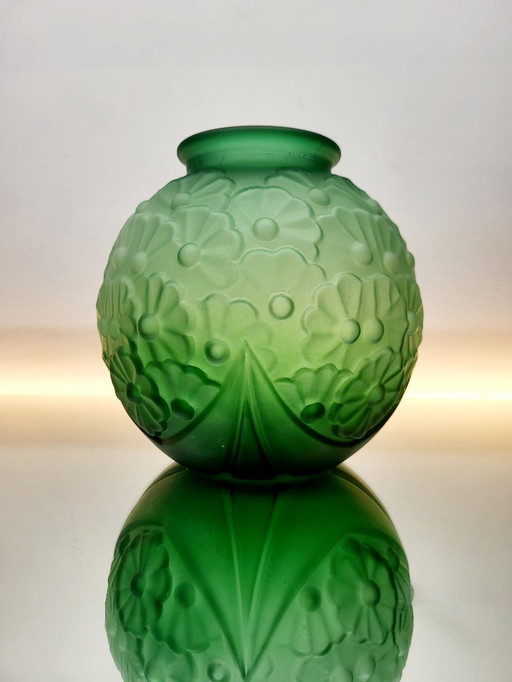 Art Deco vase in frosted green pressed glass with floral decoration