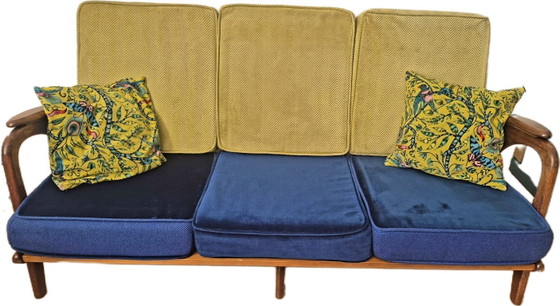 1950s wooden bench with designer upholstery – 3-5 seaters, Textile (photo 2 of 5)