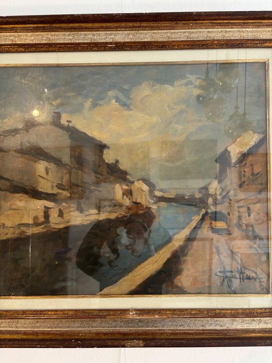 Oil Painting on Canvas of Navigli of Milan by Achille Cattaneo, Early 20th Century – Paintings & Drawings (photo 4 of 7)