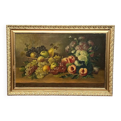 Josef Mansfeld ( ). Still life with flowers and fruit. – schilderijen tekeningen, Canvas