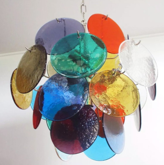 Image 1 of Vintage Vistosi Murano glazen kroonluchter met 4 veelkleurige lampen, Italië 1980