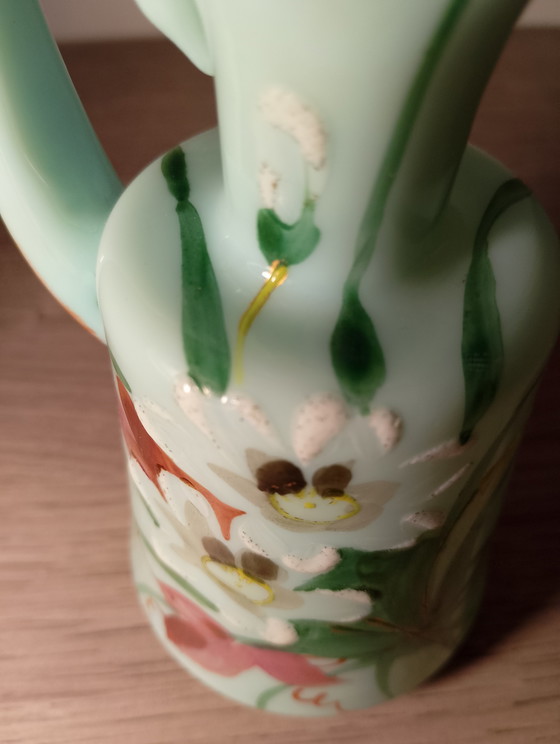 Image 1 of Rare small Legras pitcher in Art Nouveau uranium glass with beaded enamel, 13 cm tall.