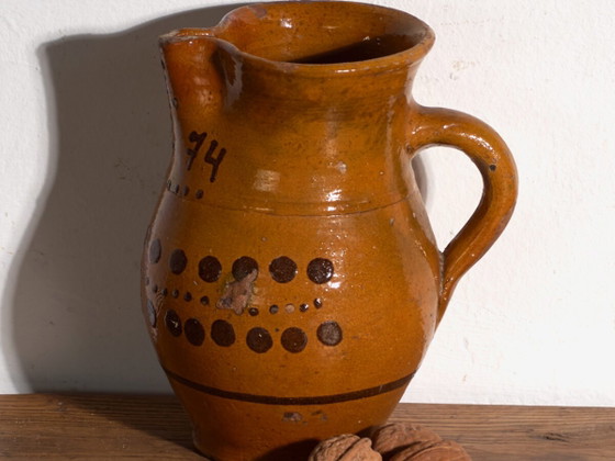 Antiker volkstümlicher glasierter Keramikkrug – Mitteleuropa, 1974 – Geschirr, Rustic (photo 2 of 40)