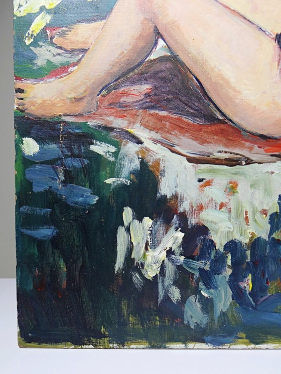 Image 1 of Small painting of a reclining nude woman, modern oil on vintage panel