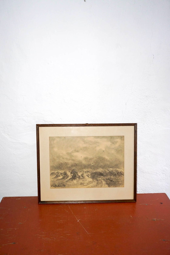 Image 1 of Antique Dutch Countryside Landscape Drawing by Pie Schmidt * 1920s * Framed * Original Sketch * Pencil Drawing