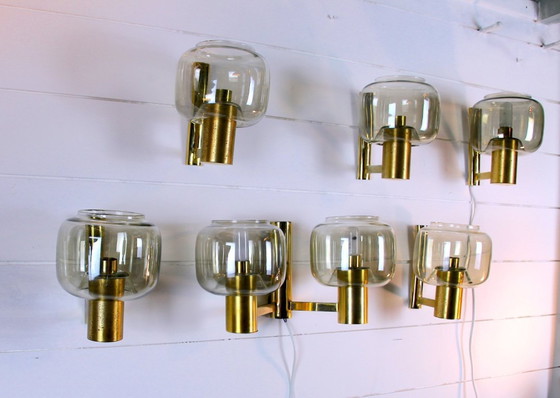 Image 1 of Coppia di applique scandinave in ottone con vetro fumé, dlg Hans-Agne Jakobssen