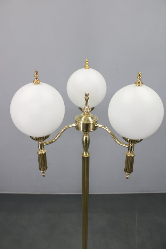 Image 1 of 1970s Czechoslovak Floor Lamp in Brass with Milky Glass Shades