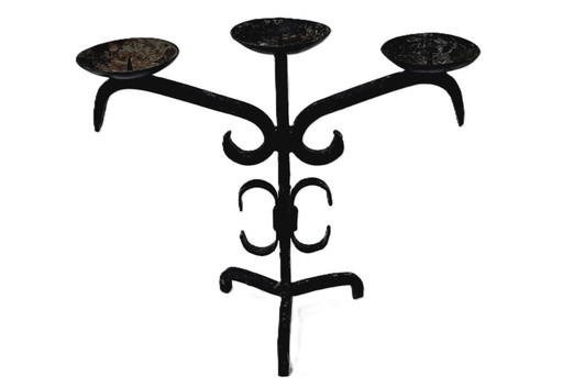 Antique triple candle holder of hand wrought iron