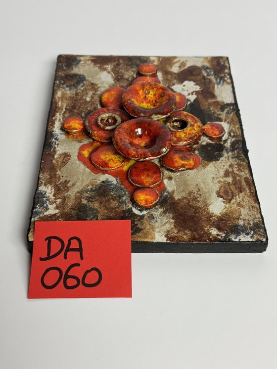 Image 1 of Mid-Century Design Ruscha Wall Tile Handpainted with High gloss orange tones combined with Matte Earth tones enamel. Germany,60s