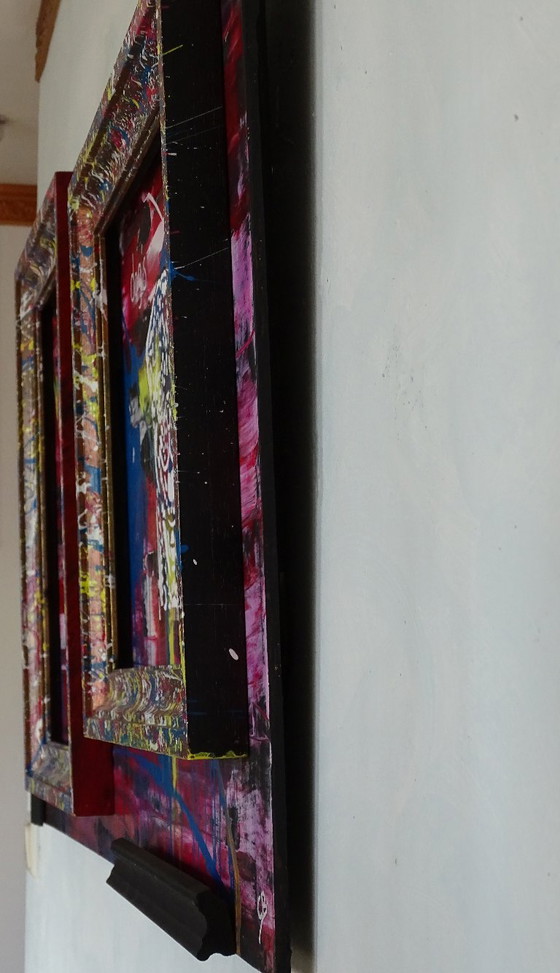 Quadro astratto con motivi di gatti e cani, CB, Dipinti e disegni, Legno, MDF, Rosso, Abstract (foto 14 di 15)