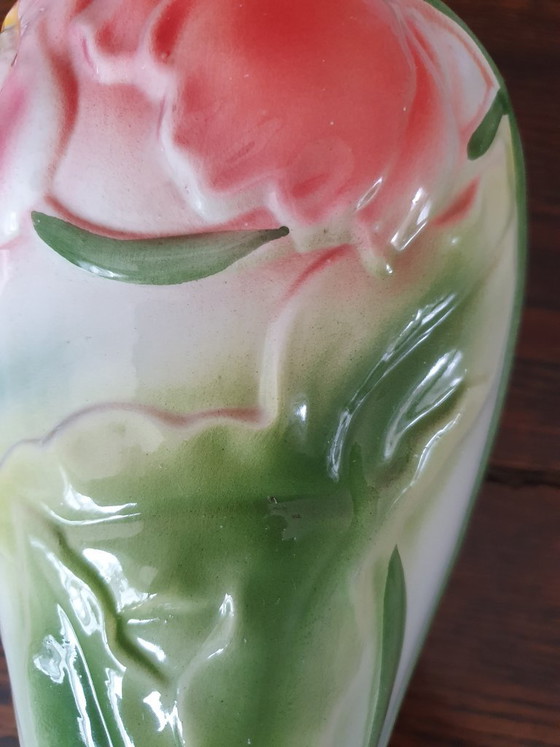 Art Nouveau barbotine vase 29 cm - in perfect condition, Ceramic, Multi Color (photo 11 of 13)