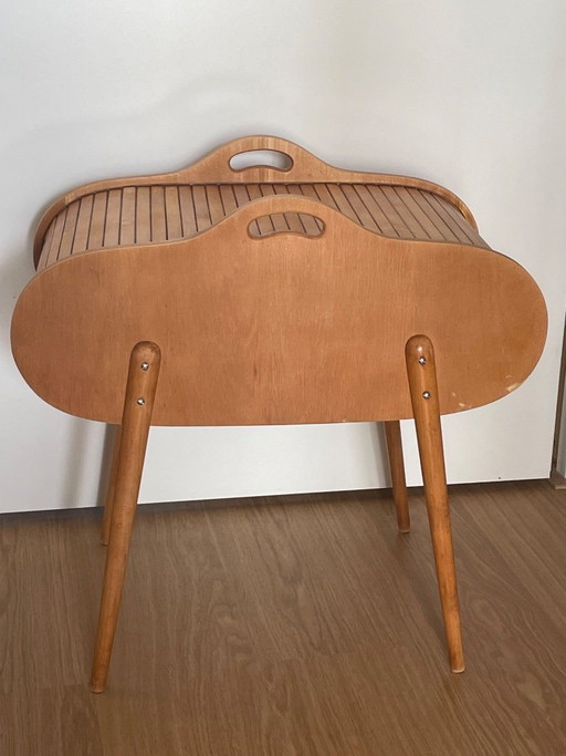 Naaidoos mid-century Deens design, tambour roll-top, 2 bakjes, houten poten