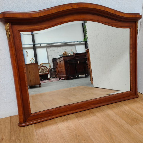 Image 1 of Antique mahogany facet-cut mirror, country-style mantel mirror with brass details.