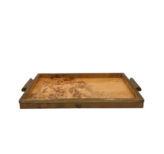 Image 1 of Hollywood regency brass & burl tray, Italy 1970s