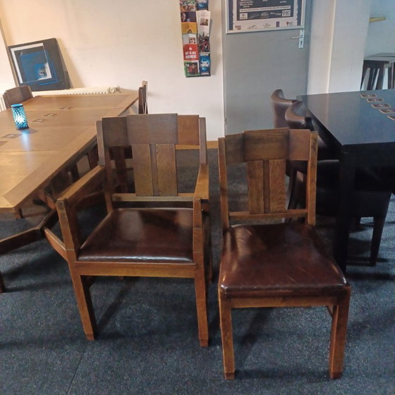 Oak dining set, 1930s Hague School – Leather, Wood (photo 4 of 5)