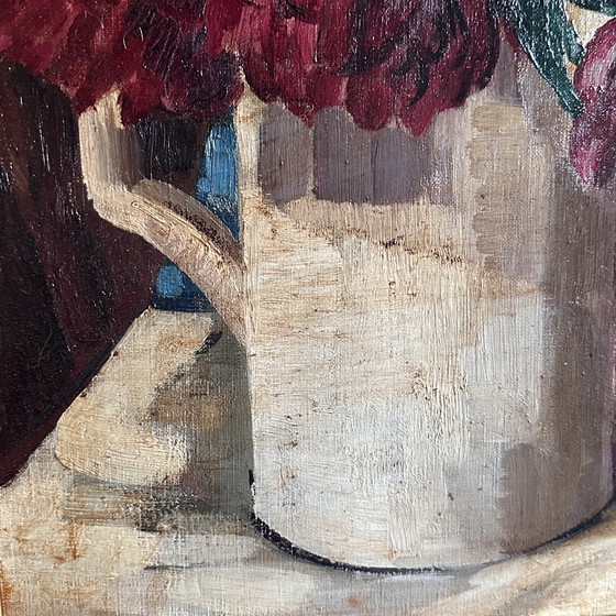 Image 1 of Vintage Oil Painting – Red Peonies in White Jug, Signed FAE, Expressive Floral Still Life, Belgian School Framed Artwork, 20th C