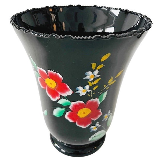 Image 1 of Grande vaso in vetro hyalith con fiori neri, anni '50