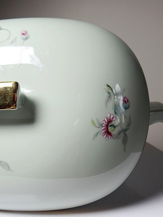 Image 1 of Zuppiera vintage in porcellana celadon di Limoges, Francia, in stile Art Déco con decorazioni floreali.