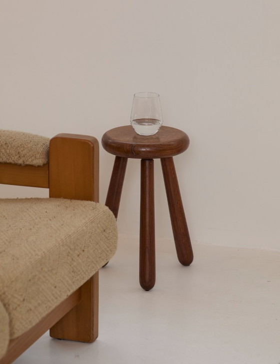 Image 1 of Vintage French tripod stool, brutalist style, made of solid wood, circa 1960