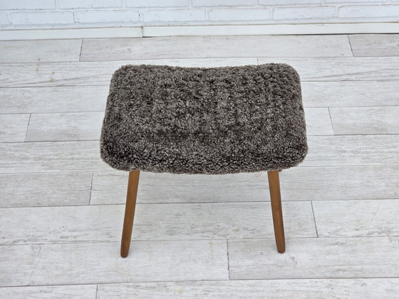 Image 1 of 1960s Reupholstered Danish Armchair with Stool, Genuine Sheepskin