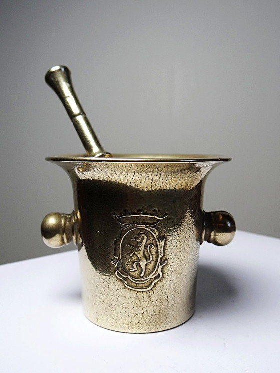 Image 1 of Gilt bronze apothecary's mortar and pestle with heraldic decoration, 20th century