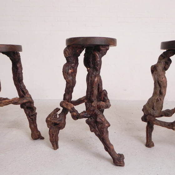 Image 1 of Ensemble de 3 tabourets de bar vintage en fibres végétales, années 1960
