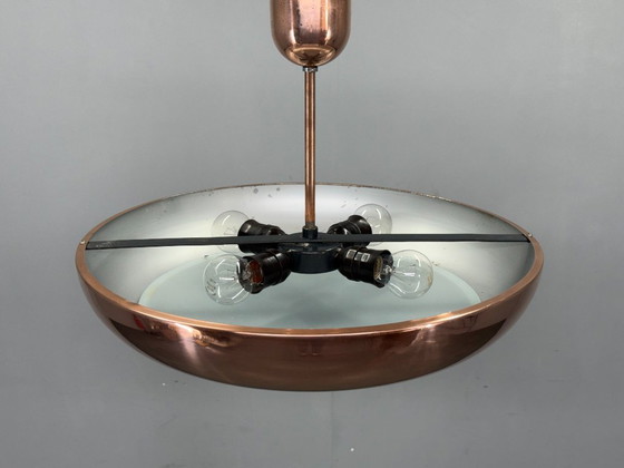 Image 1 of Bauhaus-Kronleuchter in UFO-Form aus Kupfer von Josef Hurka, 1930er Jahre