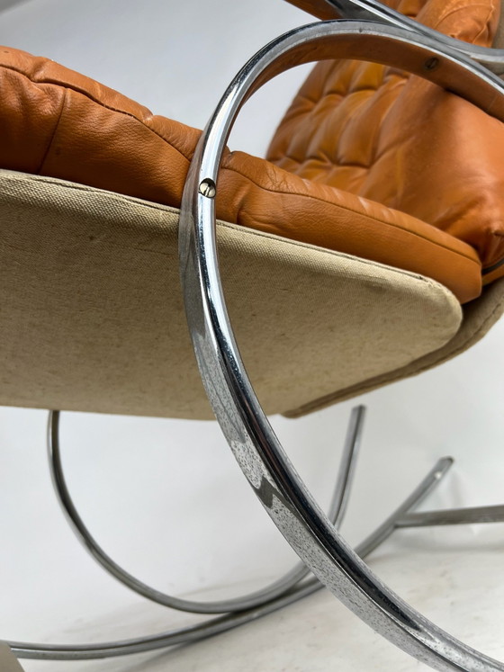 Mid Century Modern Milo Baughman Style Chrome Thonet Rocking Chair Rocker, Leather, Textile, Brown (photo 5 of 7)