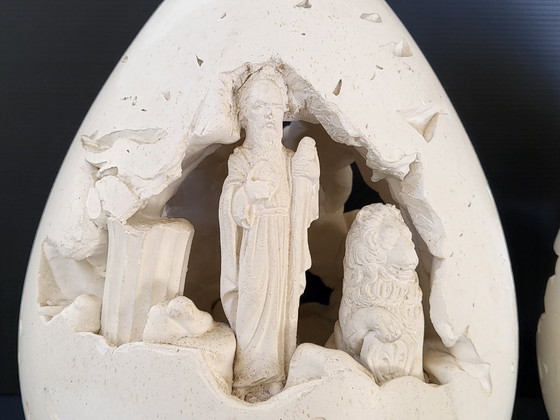 Image 1 of PAIRE DE LAMPES OEUF VINTAGE 1970 MYTHOLOGIE GRECQUE PLATRE PIERRE PONCE 70S