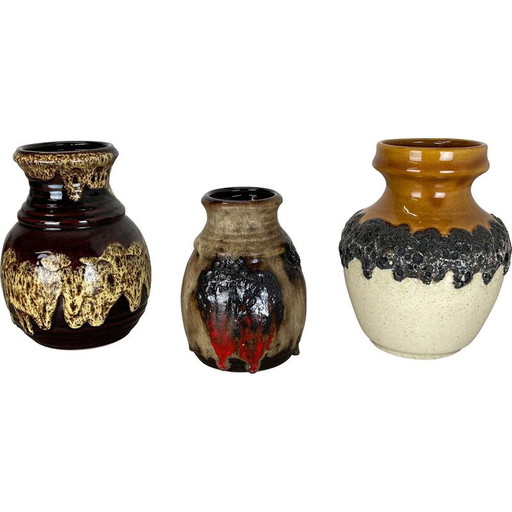 Ensemble de 3 vases vintage en poterie multicolore pour Bay Ceramics, Allemagne 1970