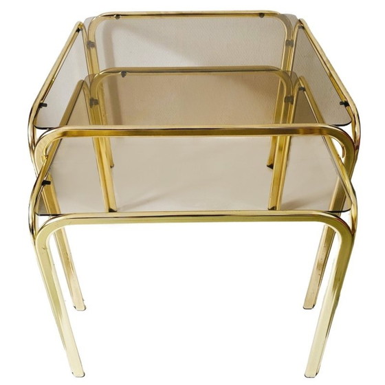 Image 1 of Vintage brass side tables set smoked glass Hollywood Regency