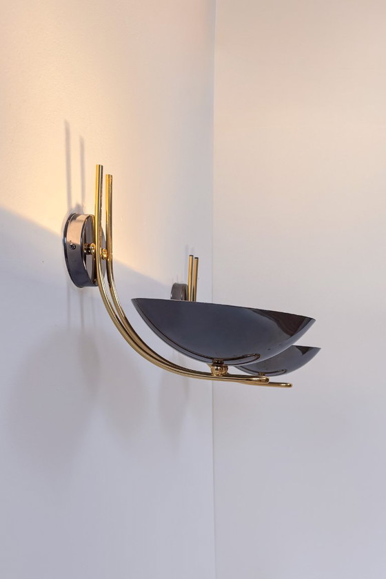 Pair of vintage Wall lights in brass and metal, Italy 1970., Black, Mid Century Modern (photo 2 of 5)