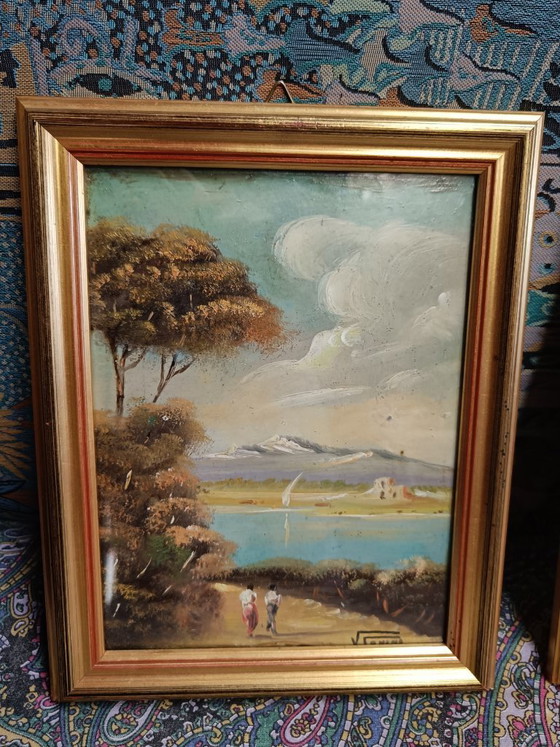 Antique Italian Oil Paintings on Panel with Gold Leaf Frame, Early 20th Century – Paintings & Drawings, Wood (photo 6 of 7)
