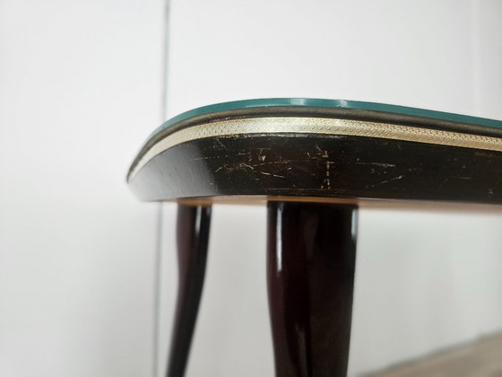 Image 1 of Mid-century mahogany dining table with aquamarine glass top