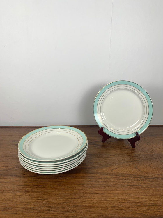 Image 1 of Set di 8 piatti piani Lunéville, modello &quot;Régence&quot;, verde acqua, fine XIX secolo