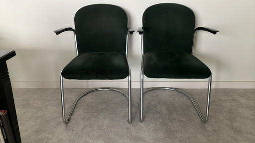 2x Gispen 413 Chairs In Green Ribcord