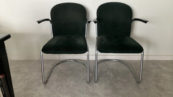 Image 1 of 2x Gispen 413 Chairs in Green Ribcord