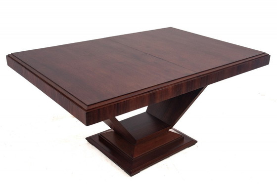 Image 1 of  zoom_in Original walnut extendable table, designed by Louis Majorelle, with 6 Art Deco chairs.