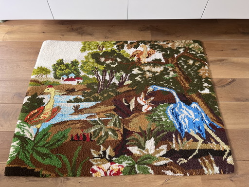 Tappeto artigianale vintage di Smirne – Airone in una scena naturalistica – 105 x 133 cm