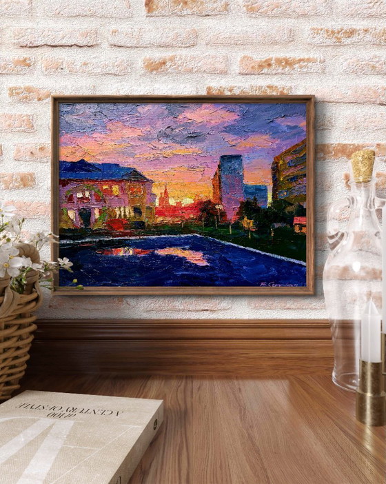 Original Oil Painting Evening Landscape City Orange Sunset – Paintings & Drawings, Canvas (photo 3 of 7)