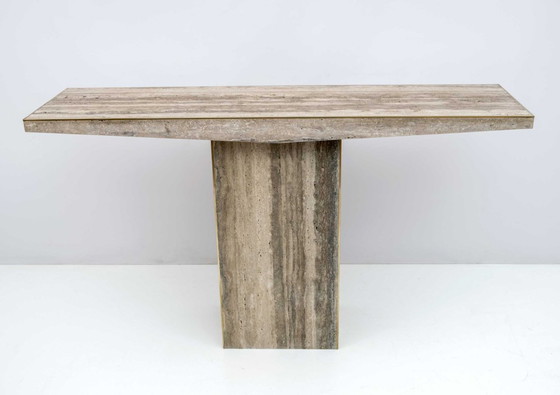 Image 1 of Mid Century Italian Unfilled Travertine and Brass Inlay Console Table